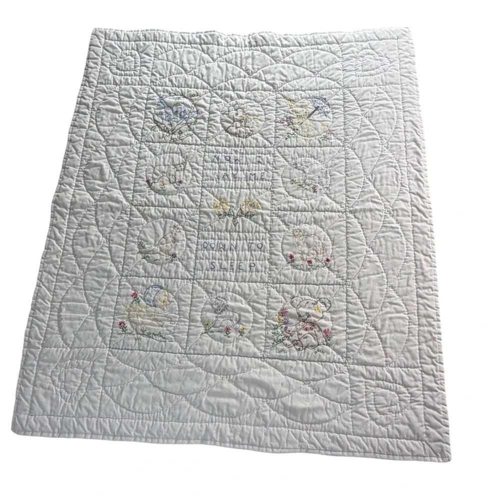 Vintage Precious Moments Baby Quilt Now I Lay Me Down To Sleep Embroidered White